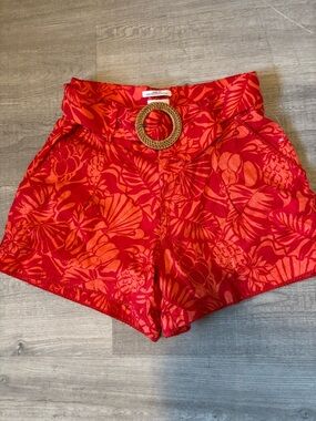 Nicole Miller Linen Shorts Womens Size 6 Orange Floral European Flax High-Rise